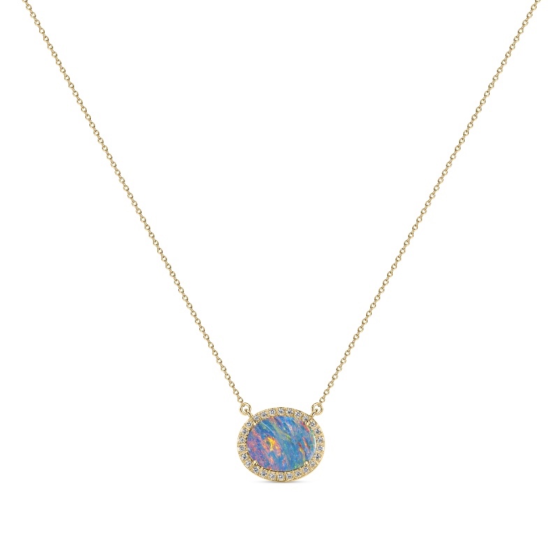 Yellow Gold Opal Doublet and Diamond Necklace